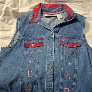 Vintage Embroidered Denim Vest with Red Bandana Trim